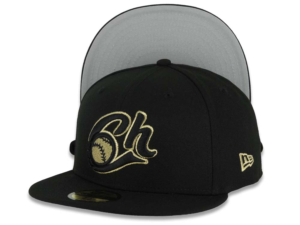 Charros de Jalisco New Era LMP 59FIFTY 5950 Fitted Cap Hat Black Crown/Visor Black/Metallic Gold Logo Gray UV