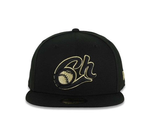 Charros de Jalisco New Era LMP 59FIFTY 5950 Fitted Cap Hat Black Crown/Visor Black/Metallic Gold Logo Gray UV
