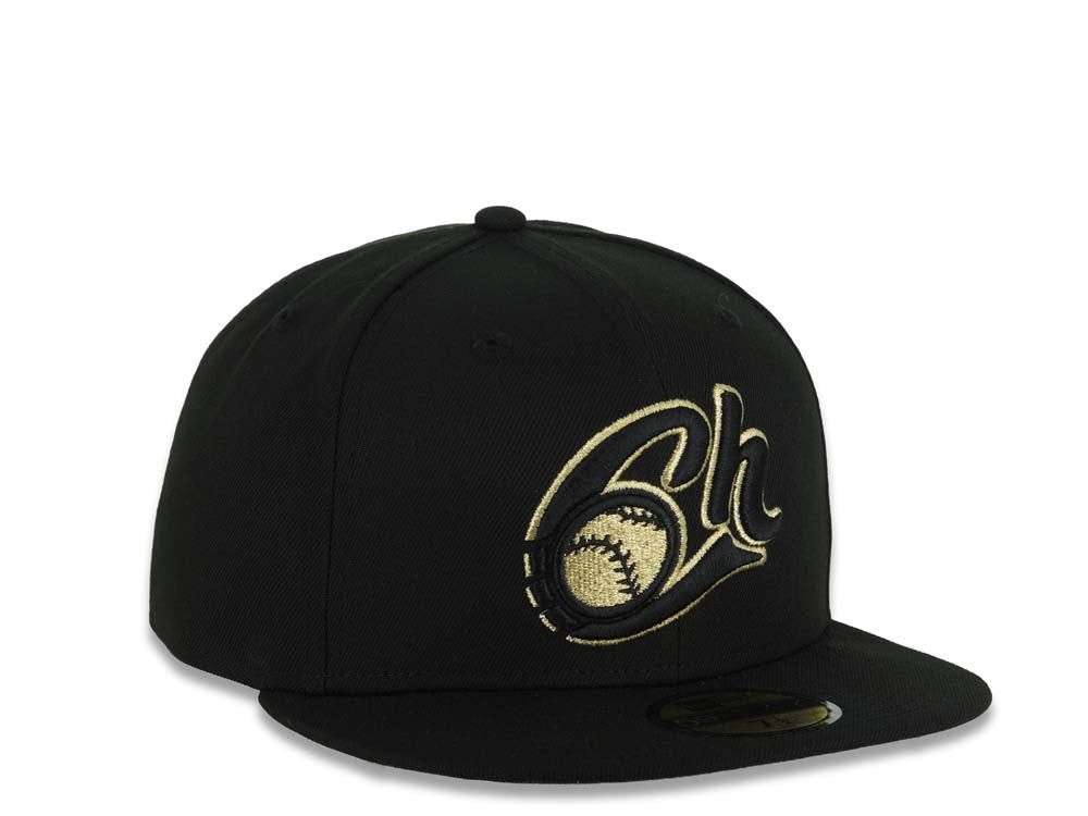 Charros de Jalisco New Era LMP 59FIFTY 5950 Fitted Cap Hat Black Crown/Visor Black/Metallic Gold Logo Gray UV