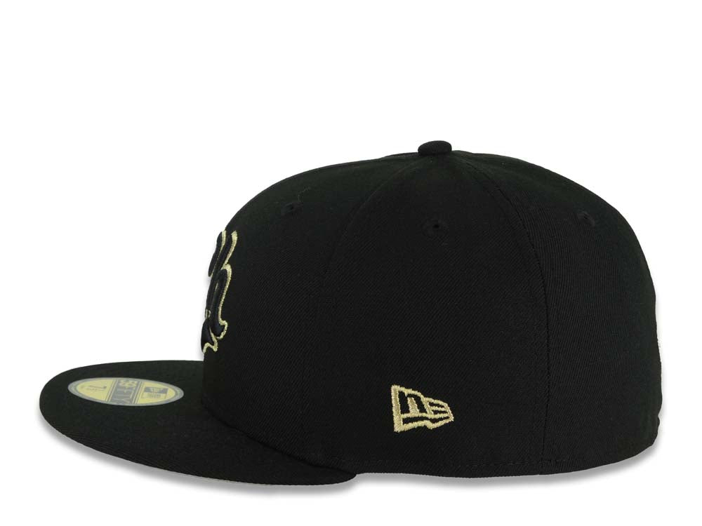Charros de Jalisco New Era LMP 59FIFTY 5950 Fitted Cap Hat Black Crown/Visor Black/Metallic Gold Logo Gray UV