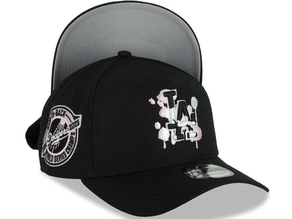 Los Angeles Dodgers New Era MLB 9FORTY 940 Adjustable A-Frame Cap Hat Black Crown/Visor Black Splatter Logo Back To Back World Series Champ Side Patch