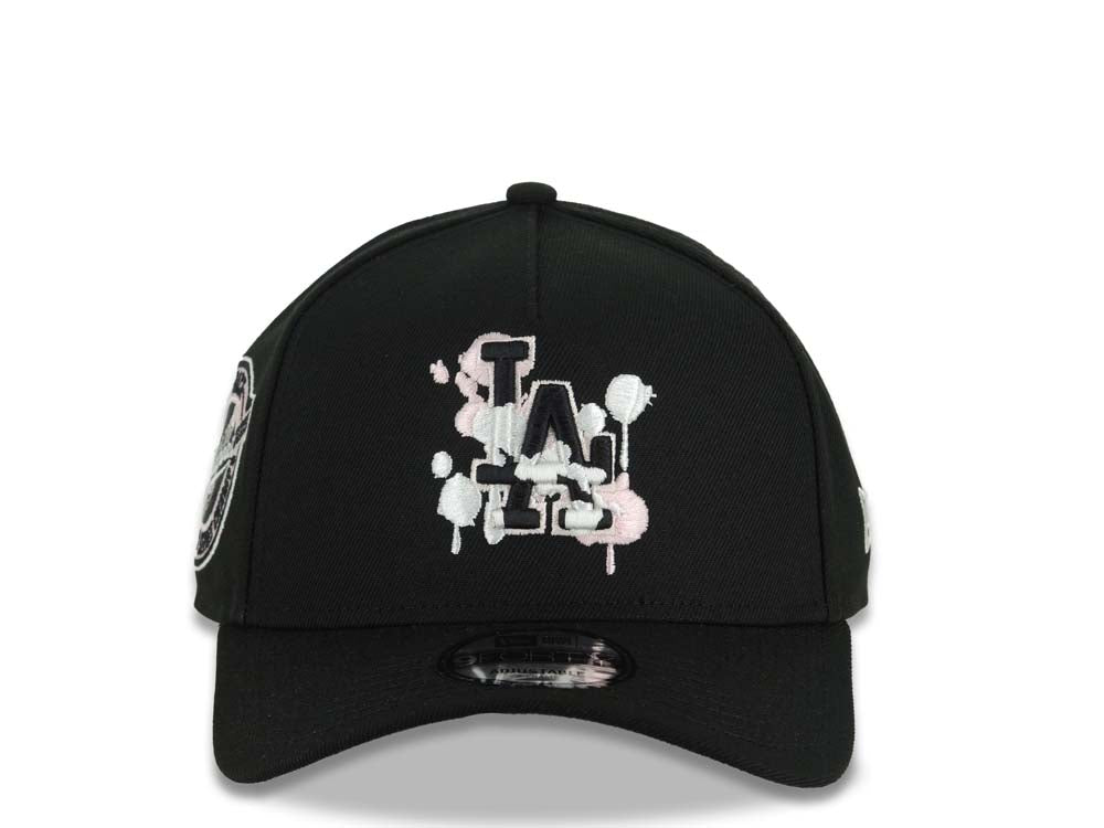 Los Angeles Dodgers New Era MLB 9FORTY 940 Adjustable A-Frame Cap Hat Black Crown/Visor Black Splatter Logo Back To Back World Series Champ Side Patch
