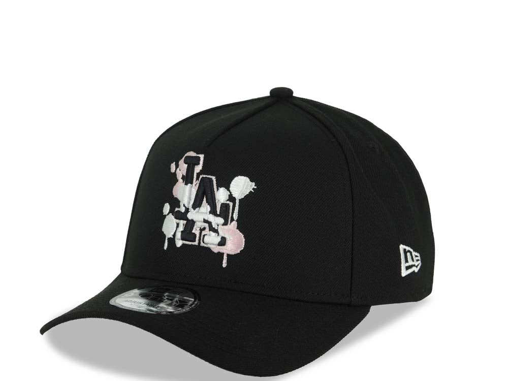 Los Angeles Dodgers New Era MLB 9FORTY 940 Adjustable A-Frame Cap Hat Black Crown/Visor Black Splatter Logo Back To Back World Series Champ Side Patch