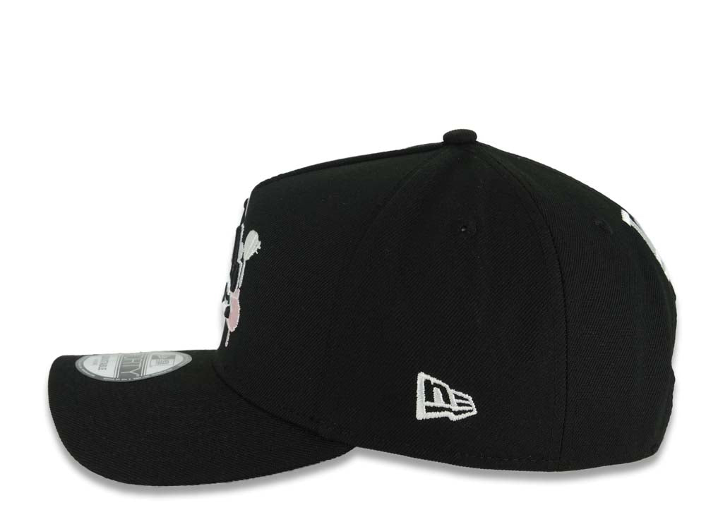 Los Angeles Dodgers New Era MLB 9FORTY 940 Adjustable A-Frame Cap Hat Black Crown/Visor Black Splatter Logo Back To Back World Series Champ Side Patch