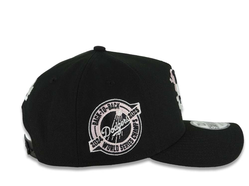 Los Angeles Dodgers New Era MLB 9FORTY 940 Adjustable A-Frame Cap Hat Black Crown/Visor Black Splatter Logo Back To Back World Series Champ Side Patch