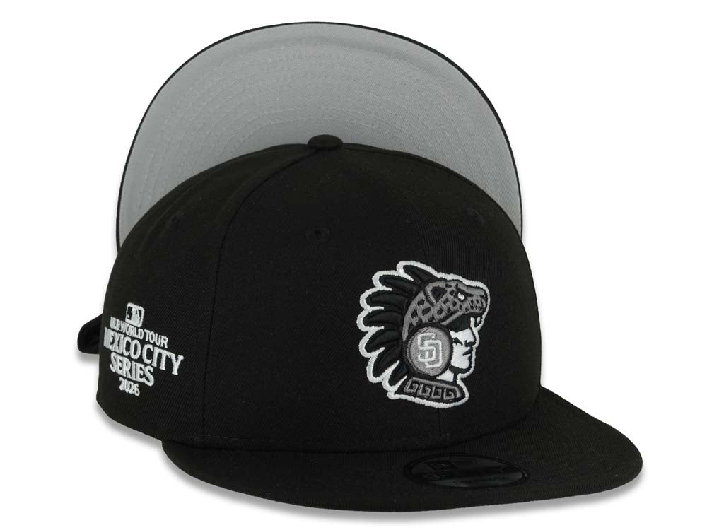 San Diego Padres New Era MLB 9FIFTY 950 Snapback Cap Hat Black Crown/Visor Black/Gray Logo 2026 MLB World Tour Mexico City Series Side Patch Gray UV