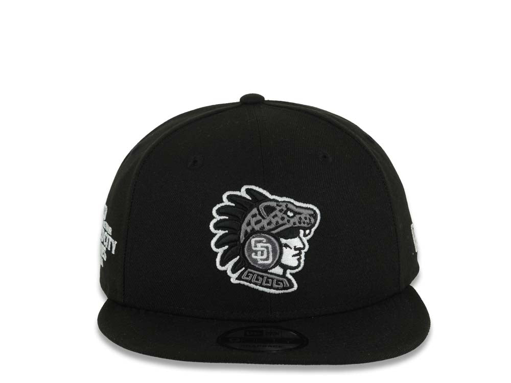 San Diego Padres New Era MLB 9FIFTY 950 Snapback Cap Hat Black Crown/Visor Black/Gray Logo 2026 MLB World Tour Mexico City Series Side Patch Gray UV