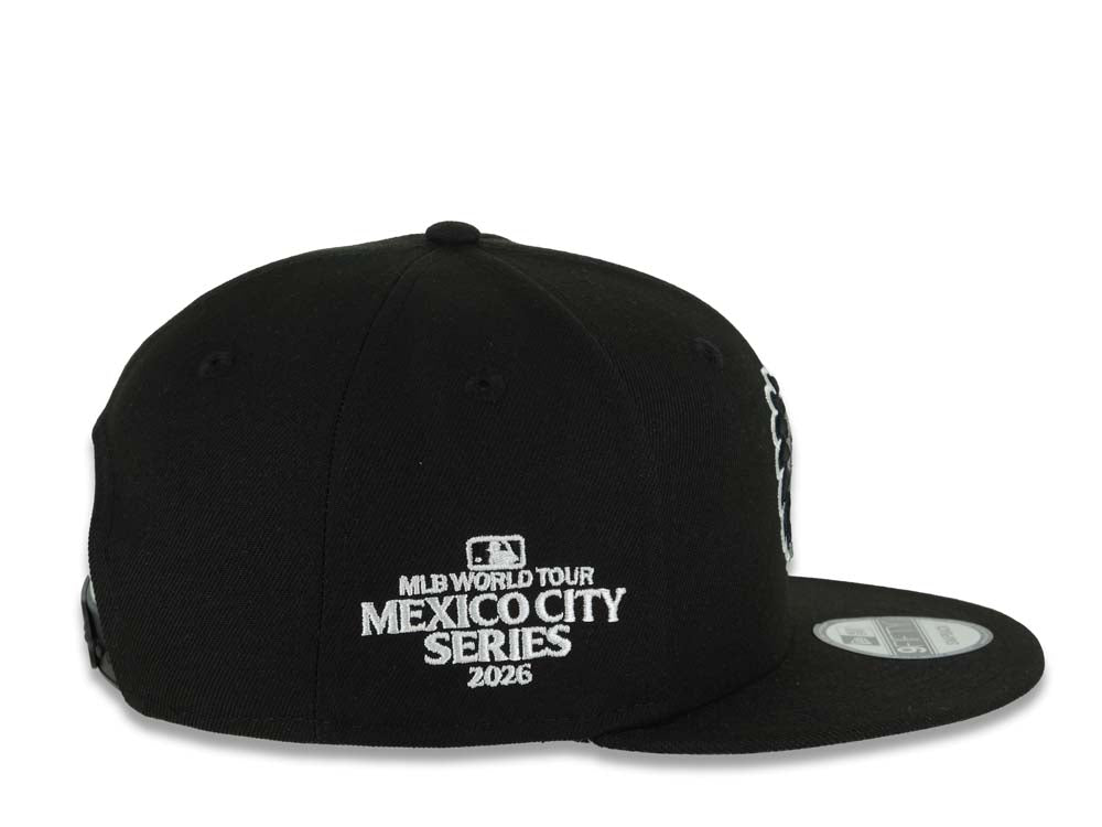 San Diego Padres New Era MLB 9FIFTY 950 Snapback Cap Hat Black Crown/Visor Black/Gray Logo 2026 MLB World Tour Mexico City Series Side Patch Gray UV