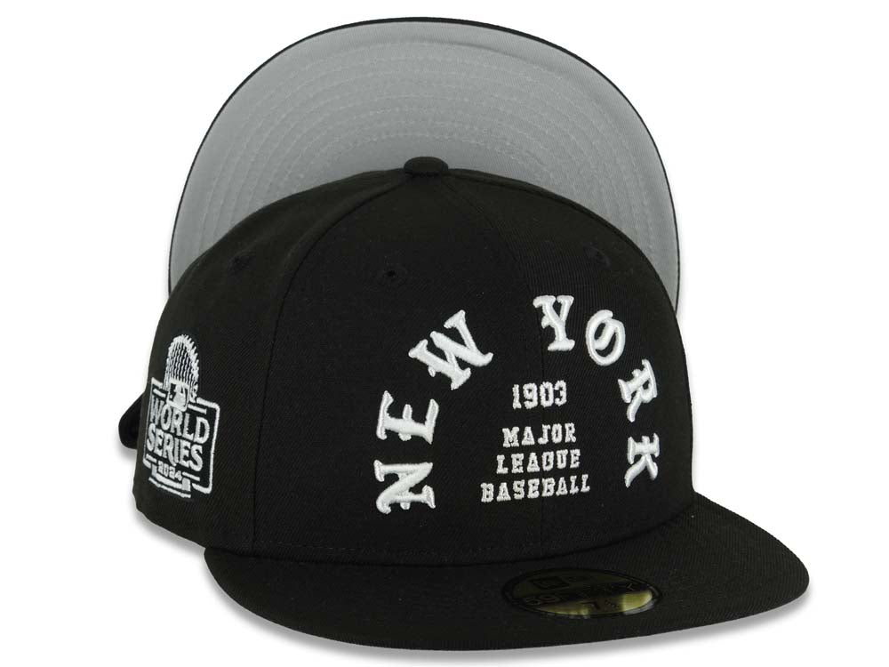 New York Yankees New Era MLB 59FIFTY 5950 Fitted Cap Hat Black Crown/Visor White 1903 Major League Baseball Logo 2024 World Series Side Patch Gray UV
