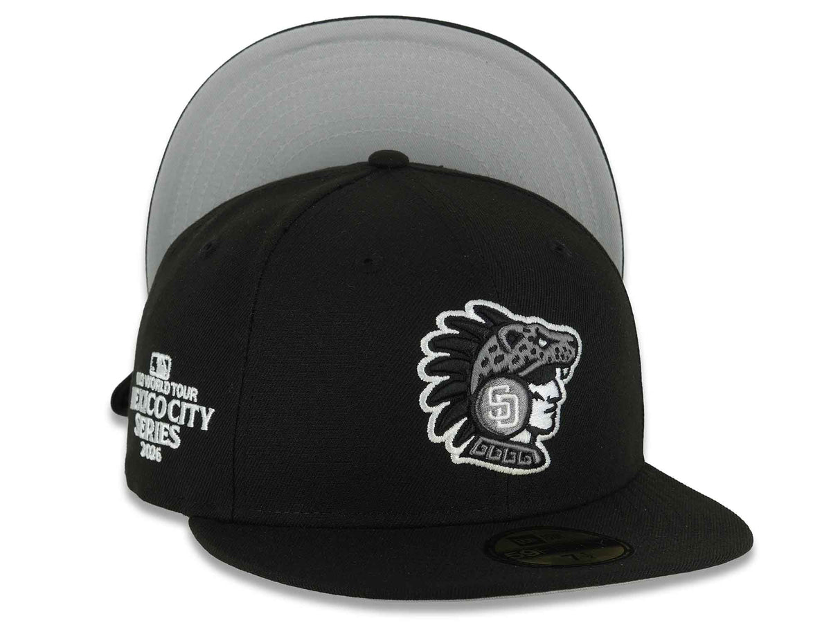 San Diego Padres New Era MLB 59FIFTY 5950 Fitted Cap Hat Black Crown/Visor Black/Gray Logo 2026 MLB World Tour Mexico City Series Side Patch Gray UV