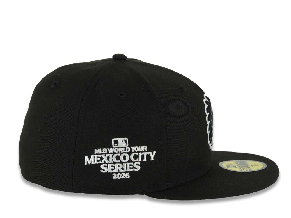 San Diego Padres New Era MLB 59FIFTY 5950 Fitted Cap Hat Black Crown/Visor Black/Gray Logo 2026 MLB World Tour Mexico City Series Side Patch Gray UV