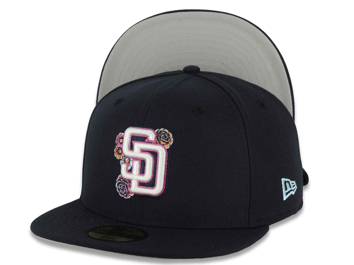 San Diego Padres New Era MLB 59FIFTY 5950 Fitted Cap Hat Navy Blue Crown/Visor White/Magenta Logo Gray UV (2026 City Connect Batting Practice)