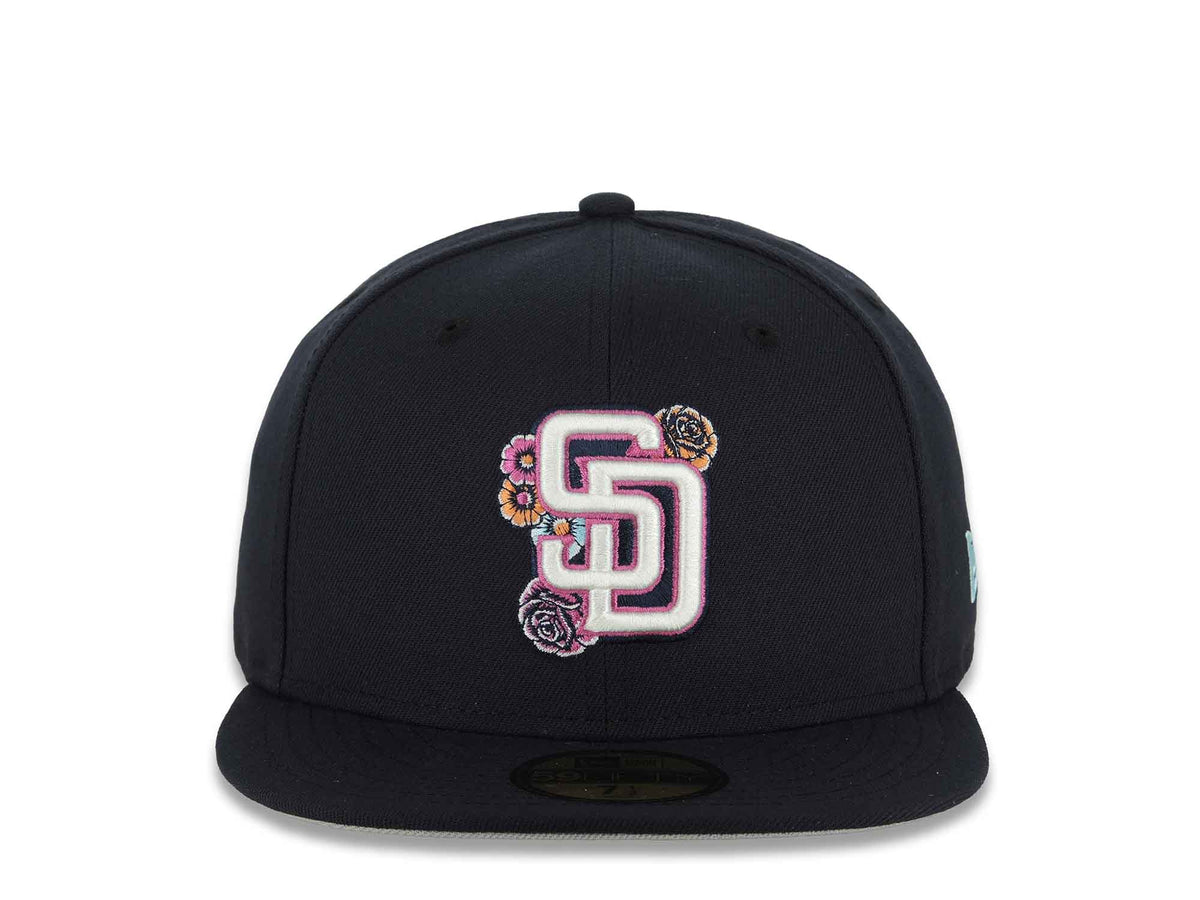 San Diego Padres New Era MLB 59FIFTY 5950 Fitted Cap Hat Navy Blue Crown/Visor White/Magenta Logo Gray UV (2026 City Connect Batting Practice)