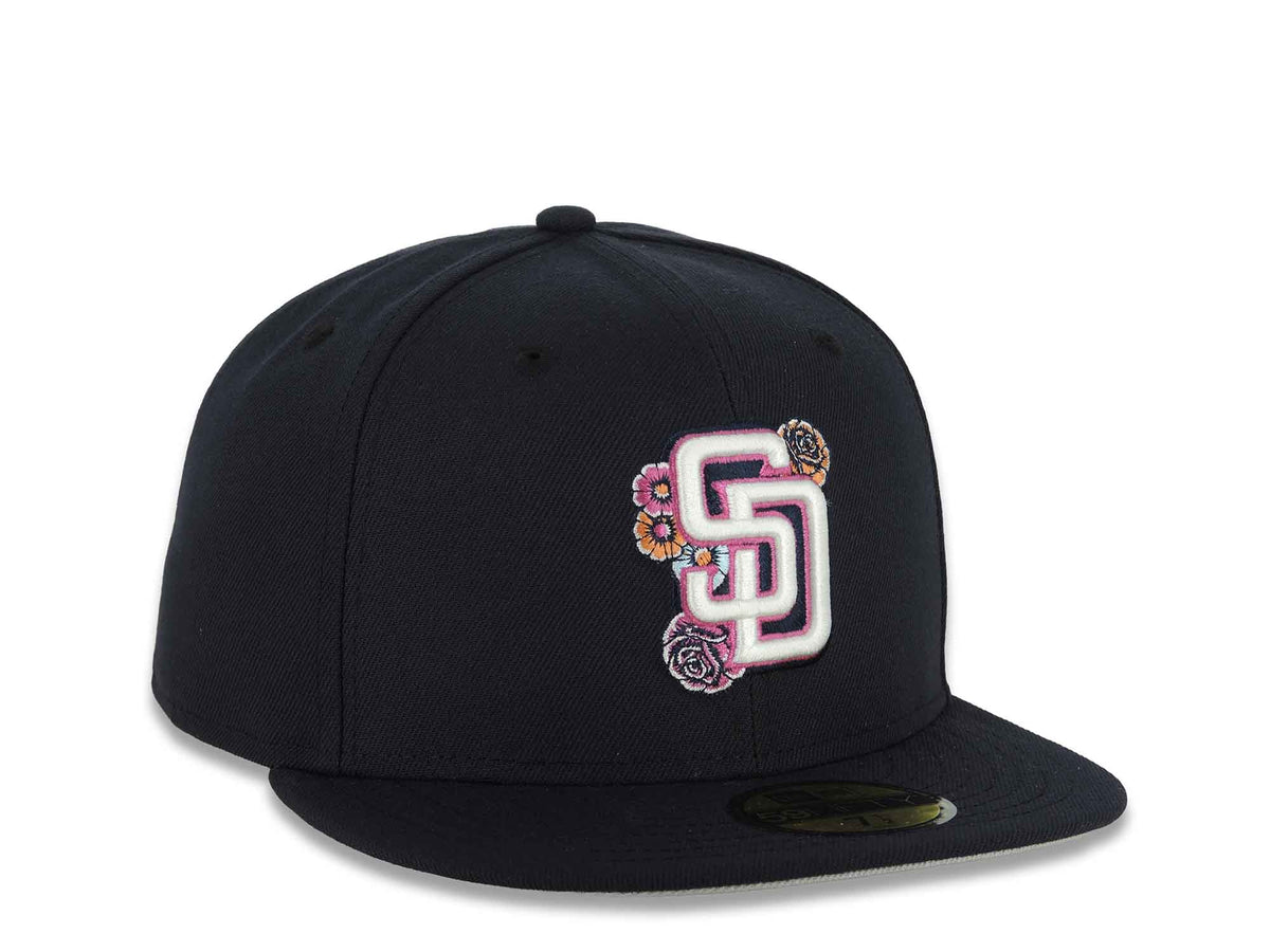San Diego Padres New Era MLB 59FIFTY 5950 Fitted Cap Hat Navy Blue Crown/Visor White/Magenta Logo Gray UV (2026 City Connect Batting Practice)