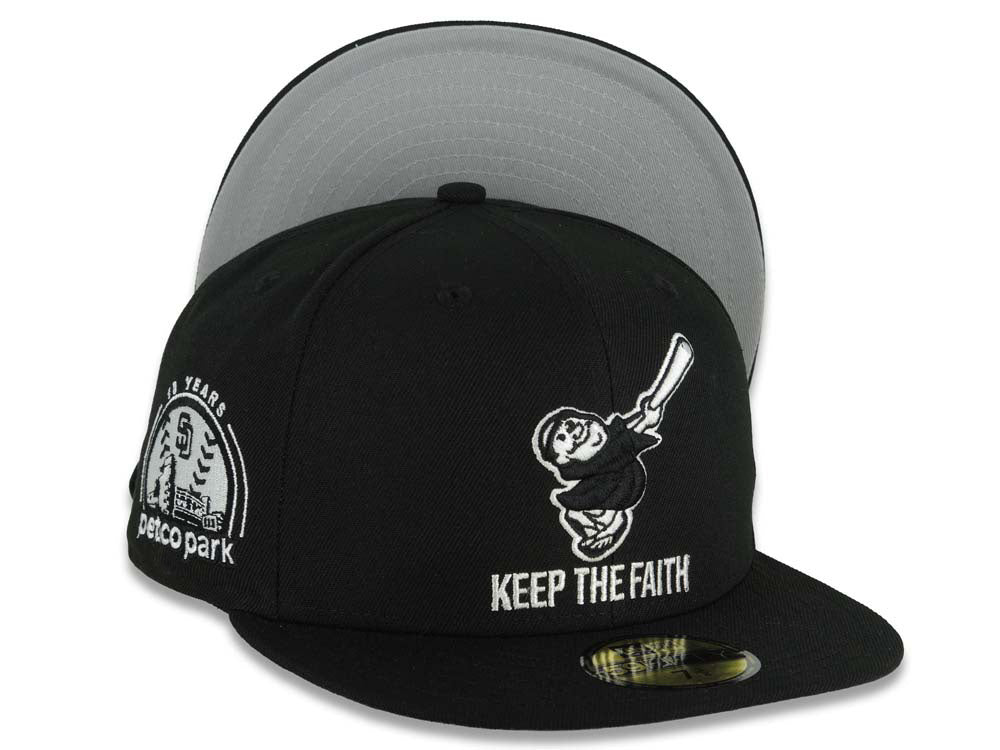 San Diego Padres New Era MLB 59FIFTY 5950 Fitted Cap Black Crown/Visor Black Swinging Friar Logo Keep The Faith Script 10 Years Petco Park Side Patch