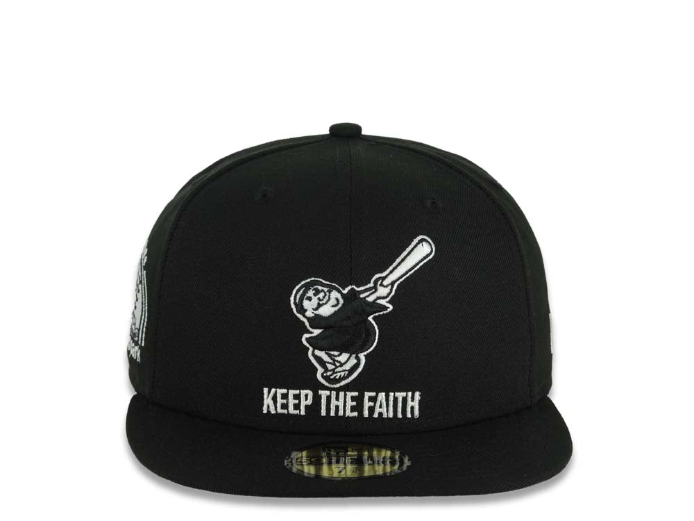 San Diego Padres New Era MLB 59FIFTY 5950 Fitted Cap Black Crown/Visor Black Swinging Friar Logo Keep The Faith Script 10 Years Petco Park Side Patch