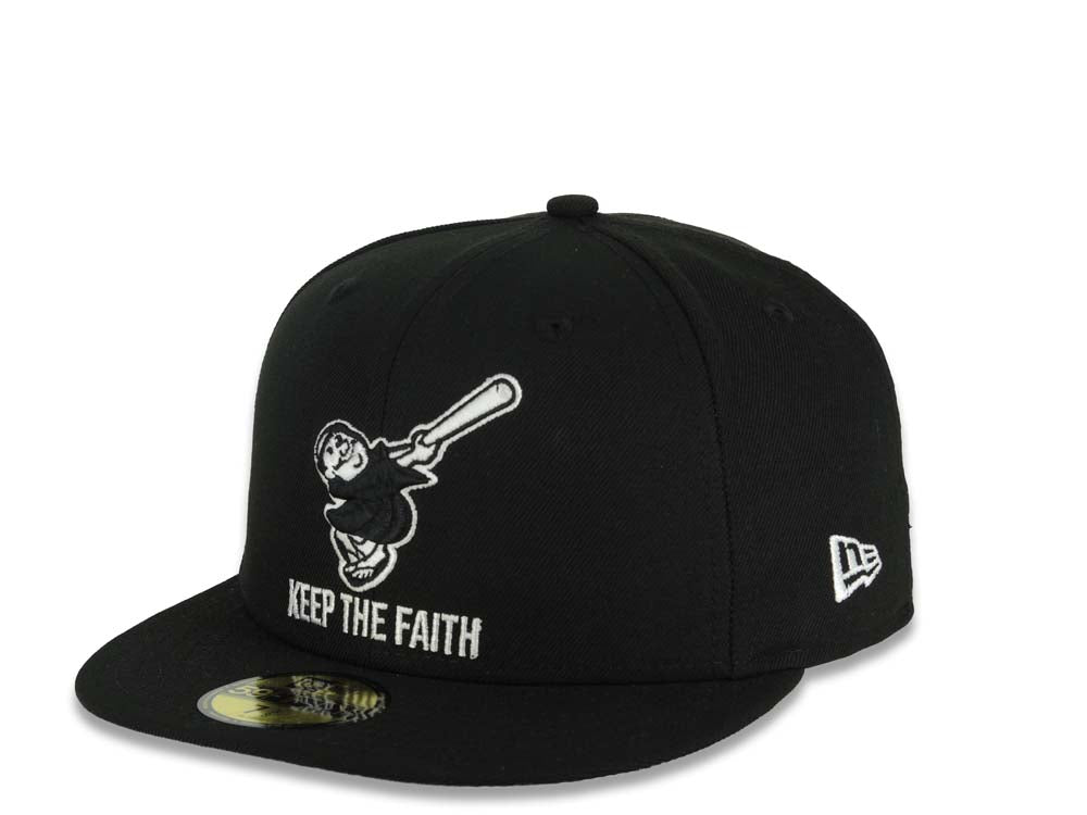 San Diego Padres New Era MLB 59FIFTY 5950 Fitted Cap Black Crown/Visor Black Swinging Friar Logo Keep The Faith Script 10 Years Petco Park Side Patch