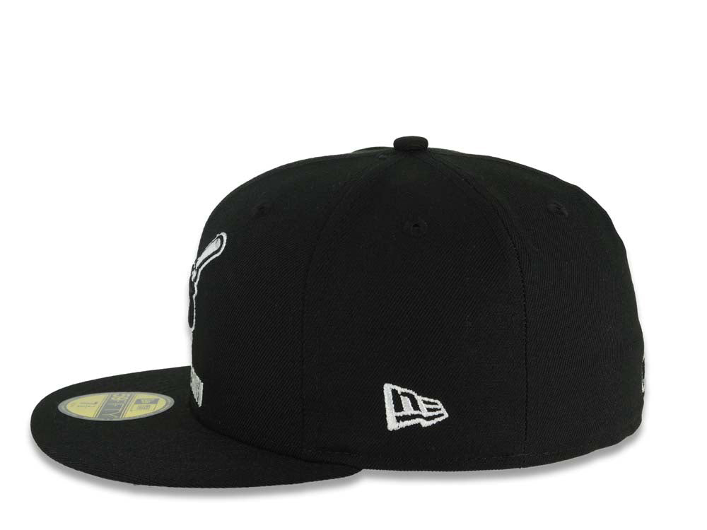 San Diego Padres New Era MLB 59FIFTY 5950 Fitted Cap Black Crown/Visor Black Swinging Friar Logo Keep The Faith Script 10 Years Petco Park Side Patch