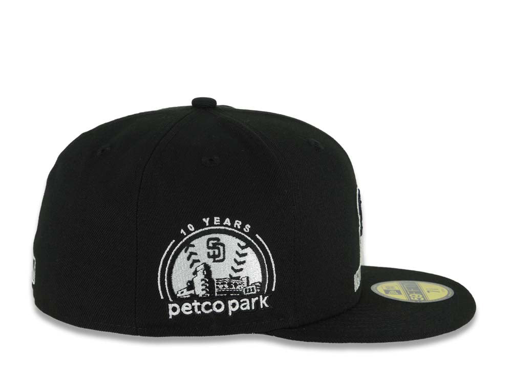 San Diego Padres New Era MLB 59FIFTY 5950 Fitted Cap Black Crown/Visor Black Swinging Friar Logo Keep The Faith Script 10 Years Petco Park Side Patch