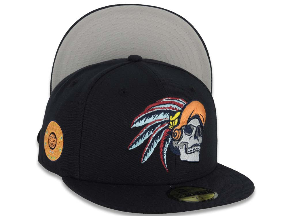 Mexico New Era 59FIFTY 5950 Fitted Cap Hat Navy Blue Crown/Visor Gray/Orange Skull Logo Aztec Calendar Side Patch Gray UV