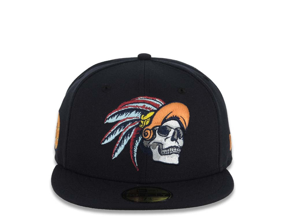 Mexico New Era 59FIFTY 5950 Fitted Cap Hat Navy Blue Crown/Visor Gray/Orange Skull Logo Aztec Calendar Side Patch Gray UV