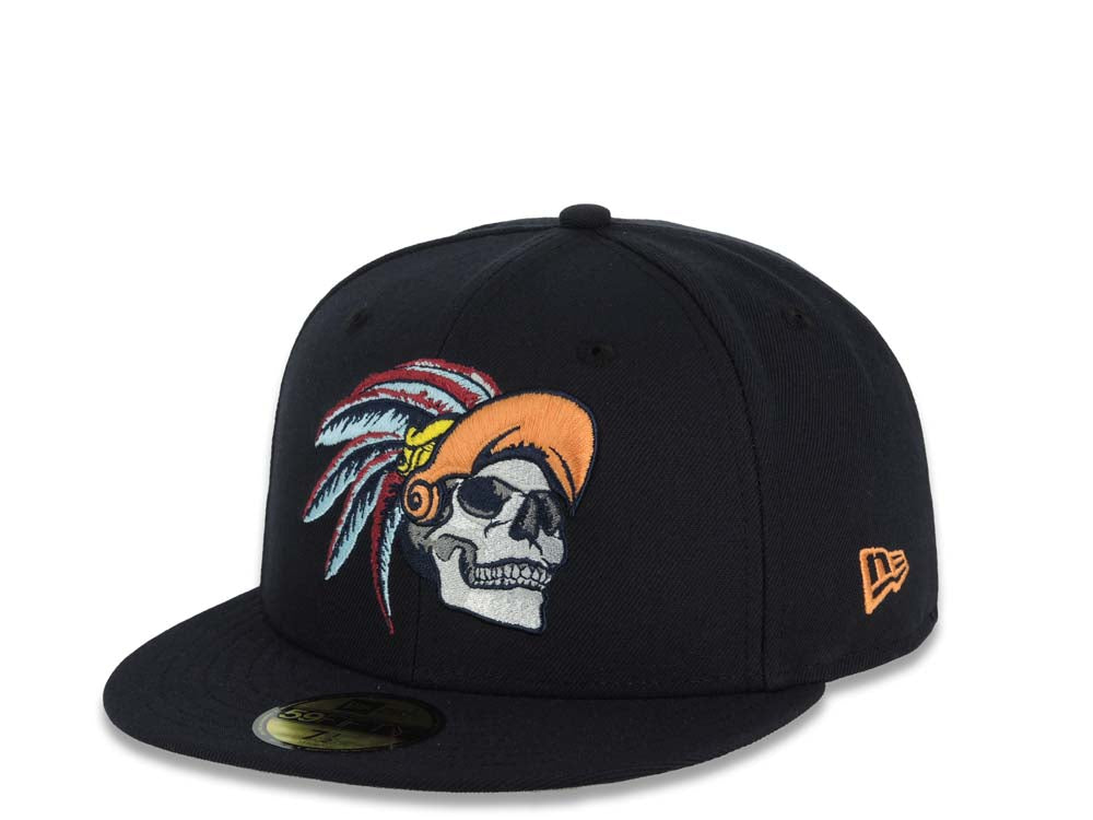 Mexico New Era 59FIFTY 5950 Fitted Cap Hat Navy Blue Crown/Visor Gray/Orange Skull Logo Aztec Calendar Side Patch Gray UV