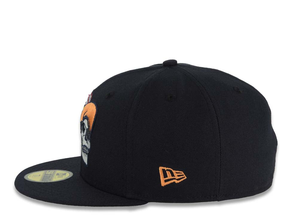 Mexico New Era 59FIFTY 5950 Fitted Cap Hat Navy Blue Crown/Visor Gray/Orange Skull Logo Aztec Calendar Side Patch Gray UV