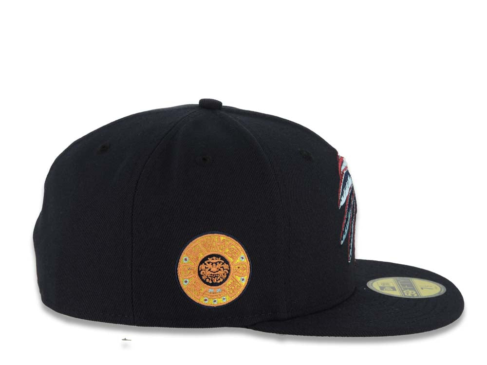 Mexico New Era 59FIFTY 5950 Fitted Cap Hat Navy Blue Crown/Visor Gray/Orange Skull Logo Aztec Calendar Side Patch Gray UV