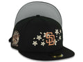 San Diego Padres New Era MLB 59FIFTY 5950 Fitted Cap Hat Black Crown/Visor Metallic Brown/Cream Logo With Cherry Blossoms 25th Anniversary Side Patch