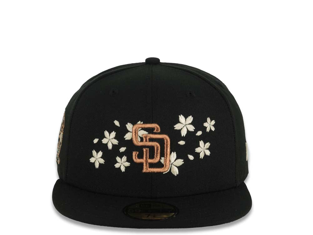 San Diego Padres New Era MLB 59FIFTY 5950 Fitted Cap Hat Black Crown/Visor Metallic Brown/Cream Logo With Cherry Blossoms 25th Anniversary Side Patch