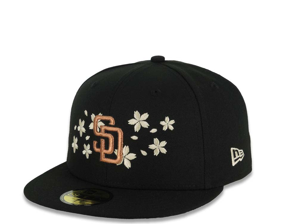 San Diego Padres New Era MLB 59FIFTY 5950 Fitted Cap Hat Black Crown/Visor Metallic Brown/Cream Logo With Cherry Blossoms 25th Anniversary Side Patch