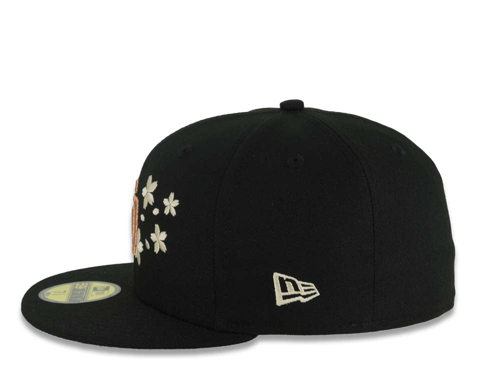 San Diego Padres New Era MLB 59FIFTY 5950 Fitted Cap Hat Black Crown/Visor Metallic Brown/Cream Logo With Cherry Blossoms 25th Anniversary Side Patch