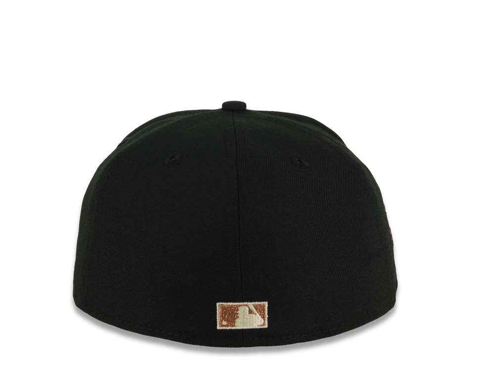 San Diego Padres New Era MLB 59FIFTY 5950 Fitted Cap Hat Black Crown/Visor Metallic Brown/Cream Logo With Cherry Blossoms 25th Anniversary Side Patch