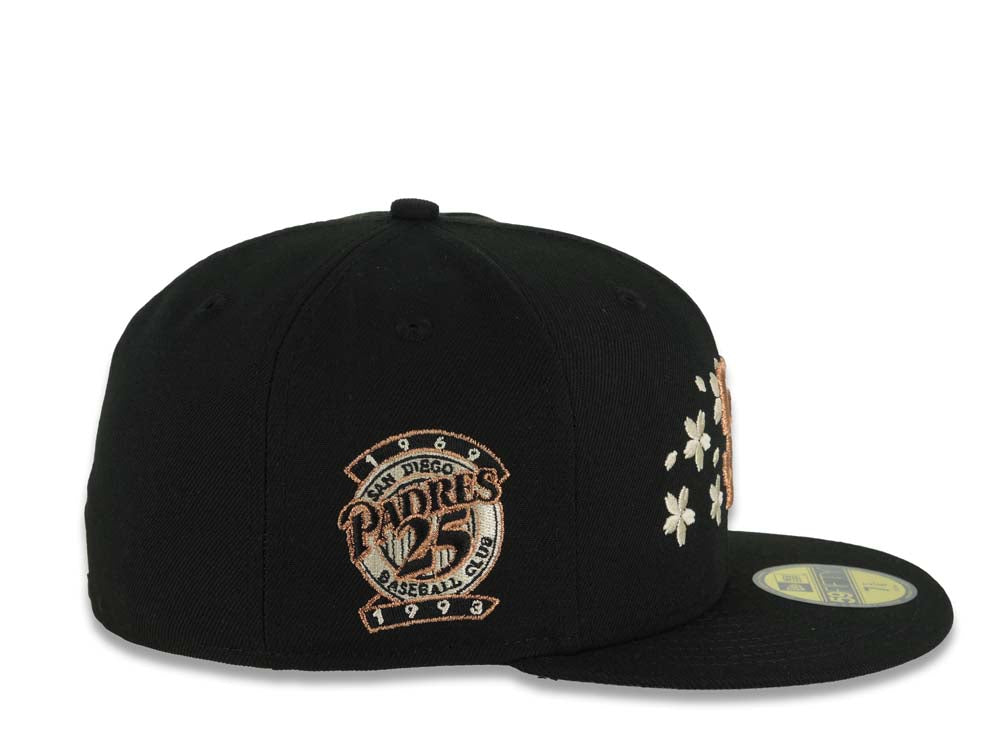 San Diego Padres New Era MLB 59FIFTY 5950 Fitted Cap Hat Black Crown/Visor Metallic Brown/Cream Logo With Cherry Blossoms 25th Anniversary Side Patch