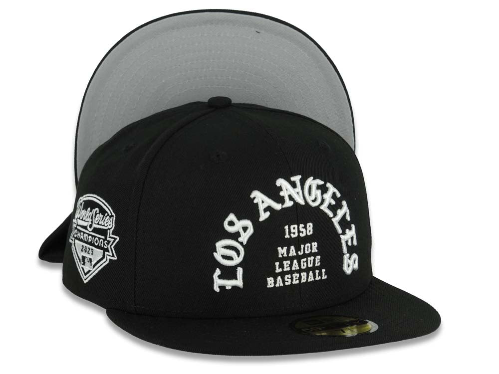 Los Angeles Dodgers New Era MLB 59FIFTY 5950 Fitted Cap Black Crown/Visor White 1958 Major League Baseball Logo 2025 World Series Champions Side Patch