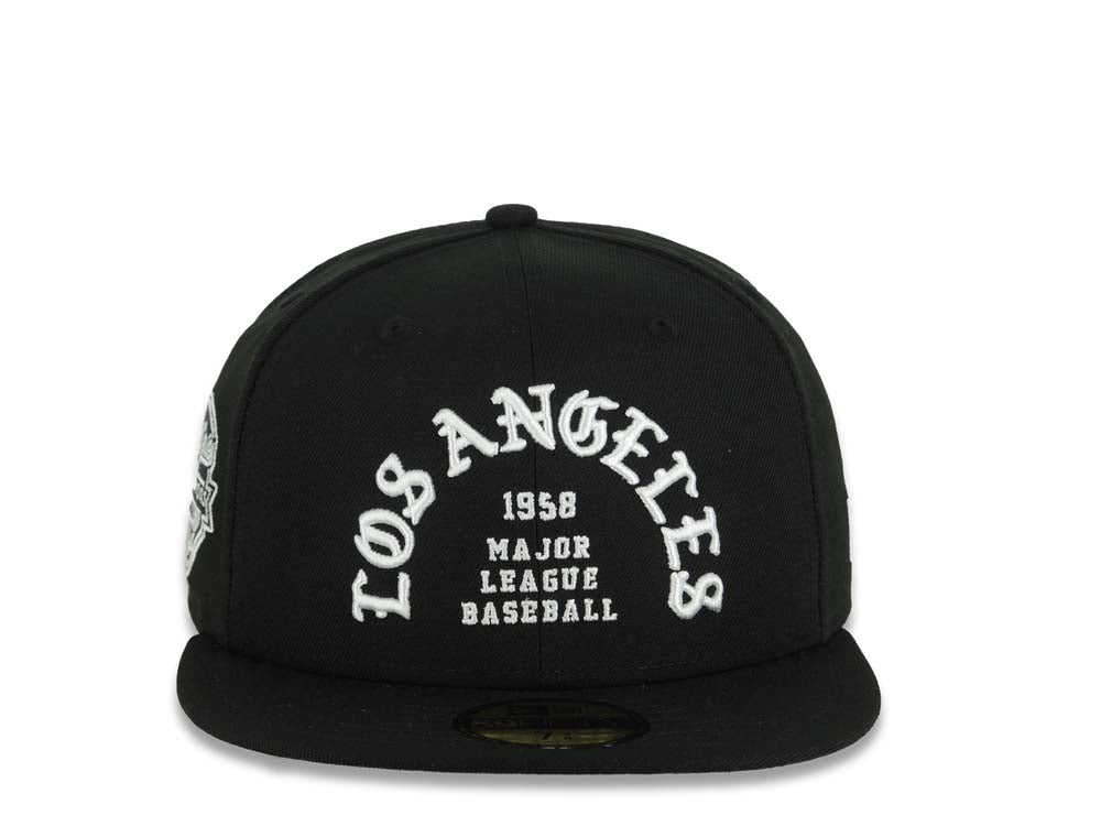 Los Angeles Dodgers New Era MLB 59FIFTY 5950 Fitted Cap Black Crown/Visor White 1958 Major League Baseball Logo 2025 World Series Champions Side Patch