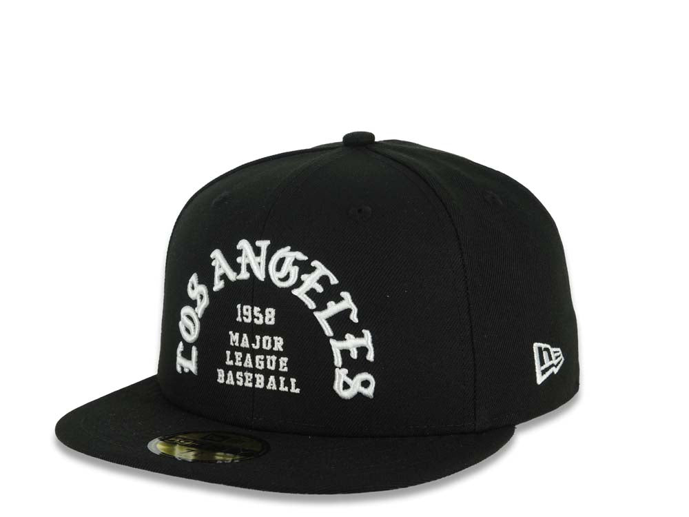 Los Angeles Dodgers New Era MLB 59FIFTY 5950 Fitted Cap Black Crown/Visor White 1958 Major League Baseball Logo 2025 World Series Champions Side Patch