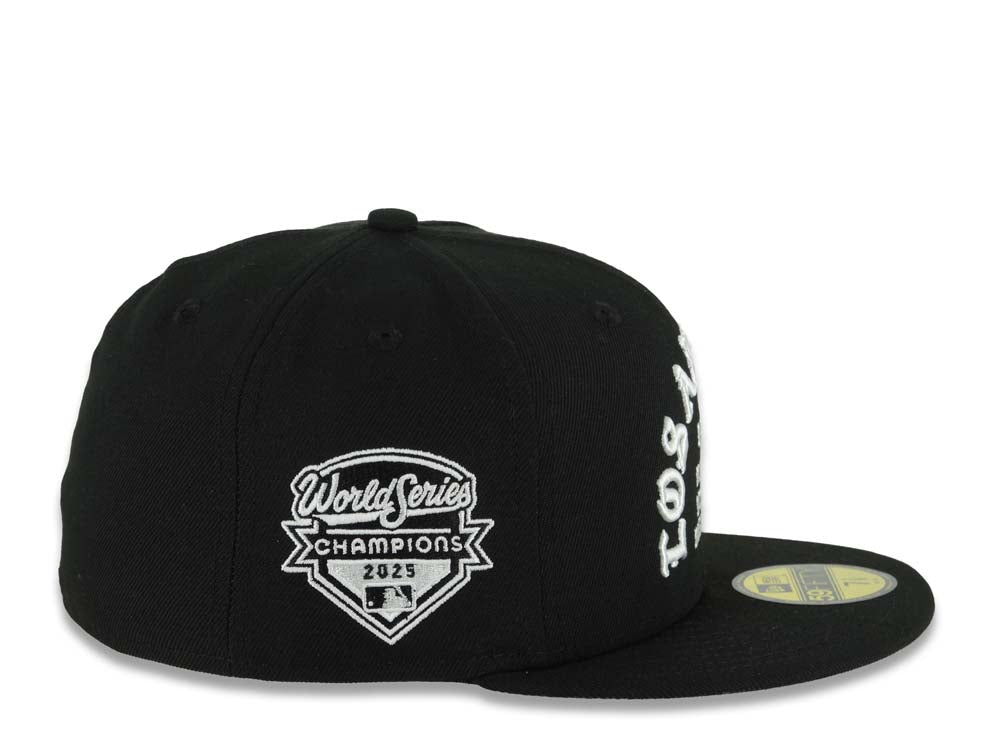 Los Angeles Dodgers New Era MLB 59FIFTY 5950 Fitted Cap Black Crown/Visor White 1958 Major League Baseball Logo 2025 World Series Champions Side Patch