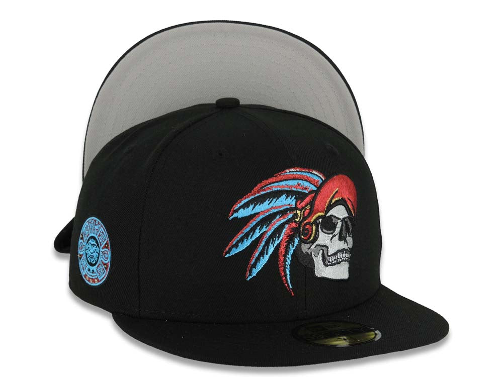 Mexico New Era 59FIFTY 5950 Fitted Cap Hat Black Crown/Visor White/Metallic Red/Blue Skull Logo Aztec Calendar Side Patch Gray UV