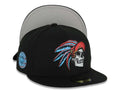 Mexico New Era 59FIFTY 5950 Fitted Cap Hat Black Crown/Visor White/Metallic Red/Blue Skull Logo Aztec Calendar Side Patch Gray UV