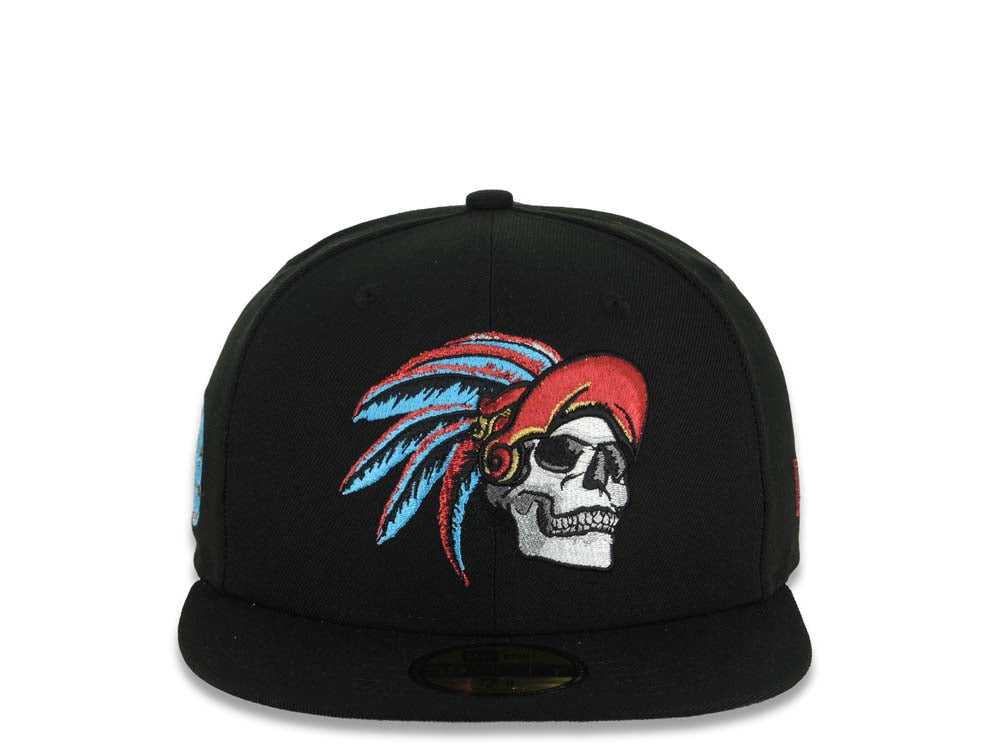 Mexico New Era 59FIFTY 5950 Fitted Cap Hat Black Crown/Visor White/Metallic Red/Blue Skull Logo Aztec Calendar Side Patch Gray UV
