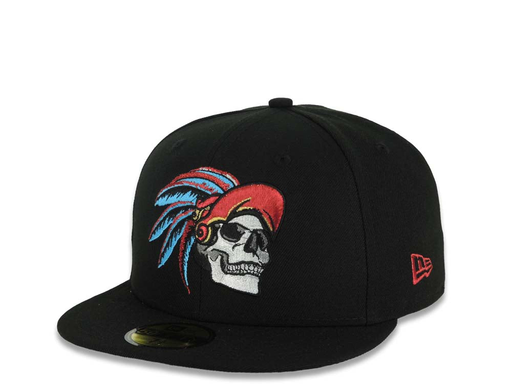 Mexico New Era 59FIFTY 5950 Fitted Cap Hat Black Crown/Visor White/Metallic Red/Blue Skull Logo Aztec Calendar Side Patch Gray UV