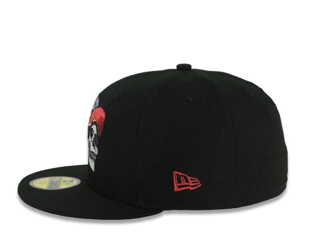 Mexico New Era 59FIFTY 5950 Fitted Cap Hat Black Crown/Visor White/Metallic Red/Blue Skull Logo Aztec Calendar Side Patch Gray UV