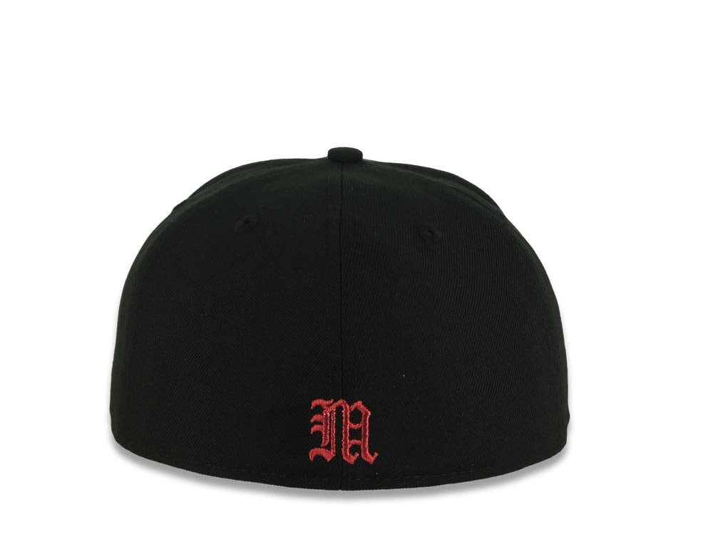 Mexico New Era 59FIFTY 5950 Fitted Cap Hat Black Crown/Visor White/Metallic Red/Blue Skull Logo Aztec Calendar Side Patch Gray UV