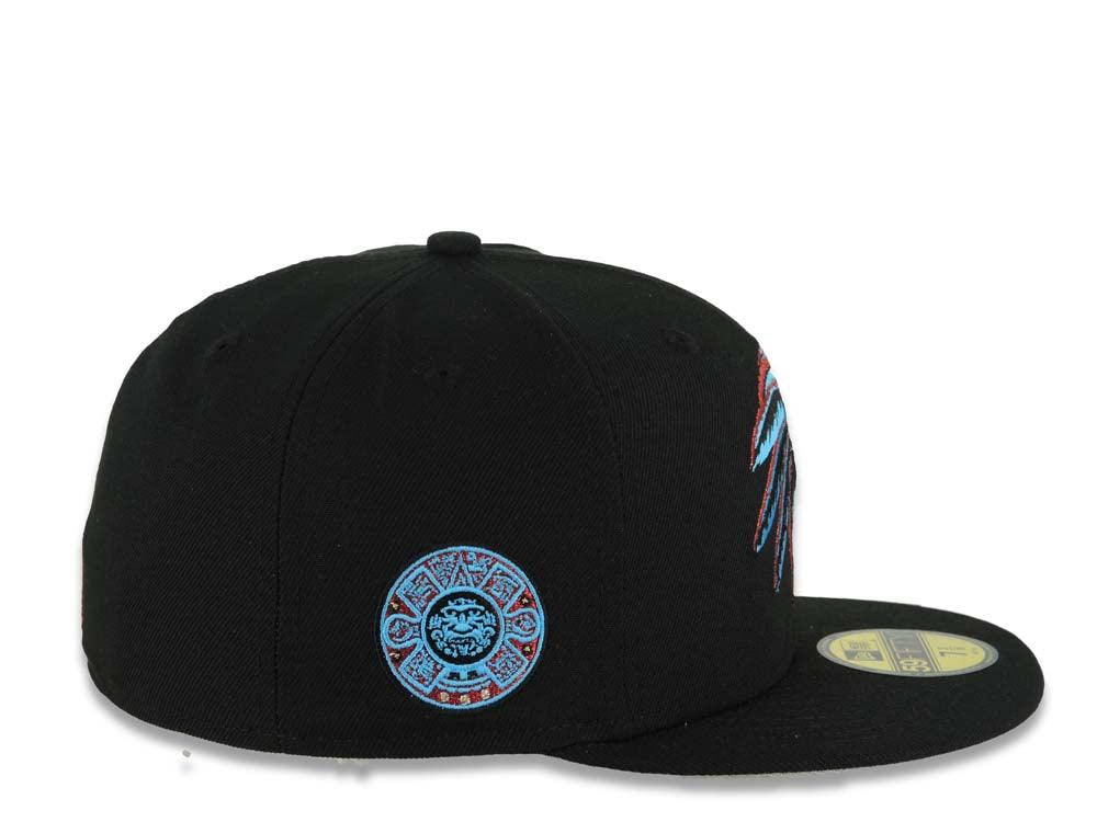 Mexico New Era 59FIFTY 5950 Fitted Cap Hat Black Crown/Visor White/Metallic Red/Blue Skull Logo Aztec Calendar Side Patch Gray UV