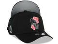 San Diego Padres New Era MLB 9FORTY 940 Adjustable A-Frame Cap Hat Black Crown/Visor Black/White/Pink Logo With Floral SD Logo Side Patch Gray UV