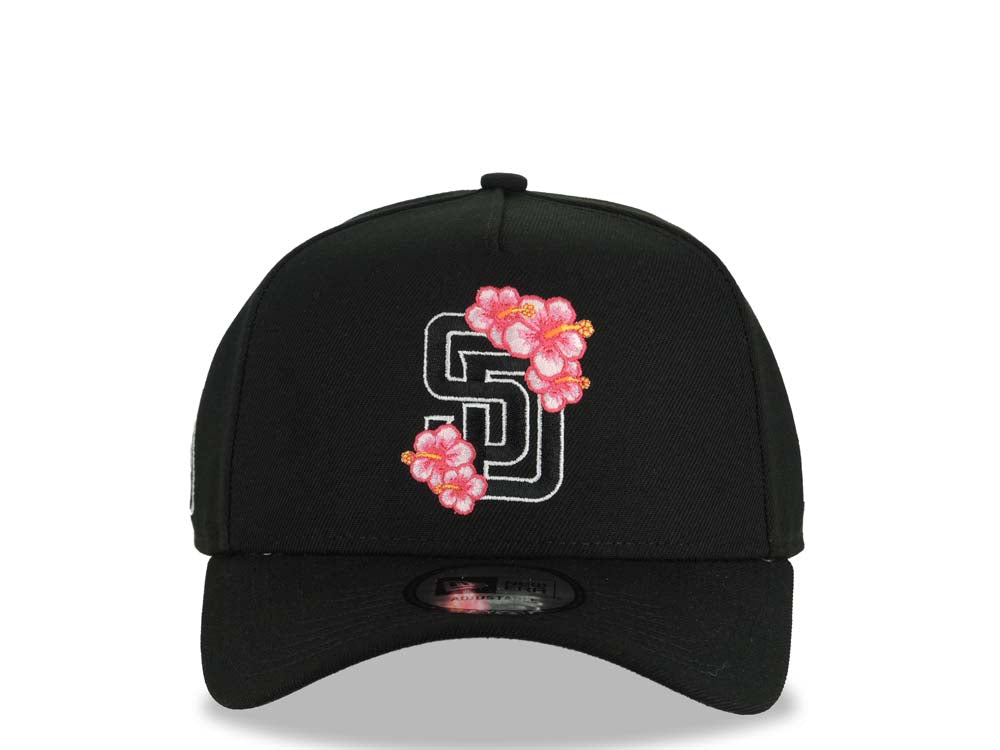 San Diego Padres New Era MLB 9FORTY 940 Adjustable A-Frame Cap Hat Black Crown/Visor Black/White/Pink Logo With Floral SD Logo Side Patch Gray UV