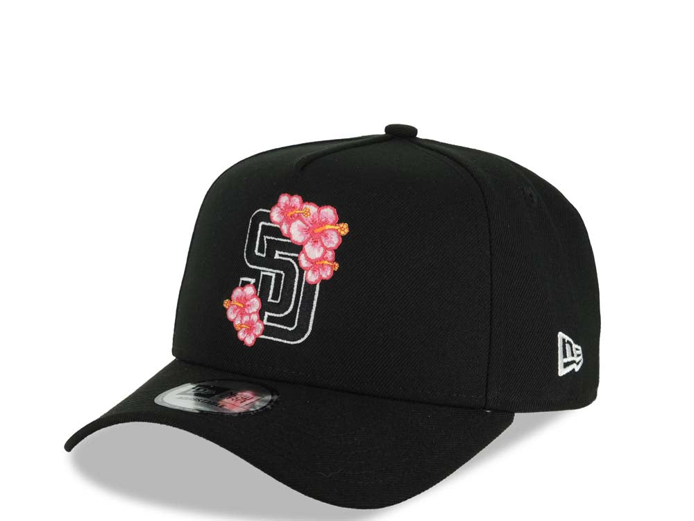 San Diego Padres New Era MLB 9FORTY 940 Adjustable A-Frame Cap Hat Black Crown/Visor Black/White/Pink Logo With Floral SD Logo Side Patch Gray UV