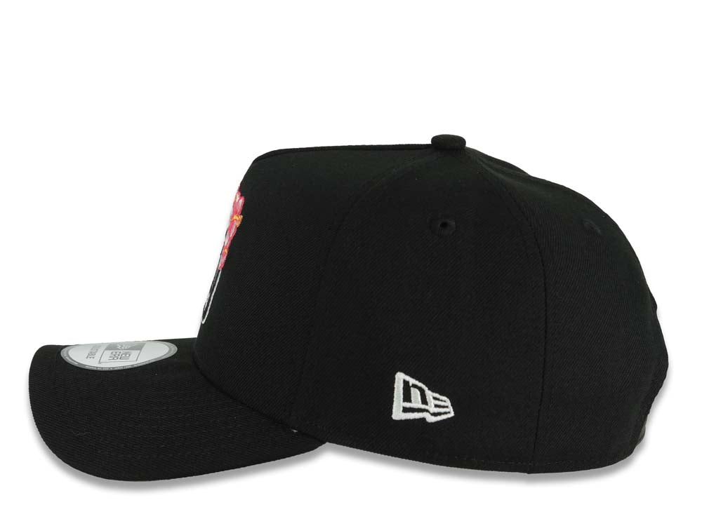 San Diego Padres New Era MLB 9FORTY 940 Adjustable A-Frame Cap Hat Black Crown/Visor Black/White/Pink Logo With Floral SD Logo Side Patch Gray UV