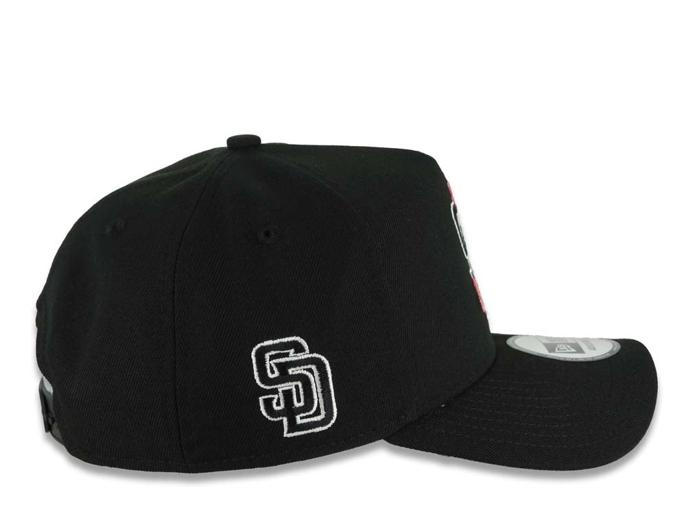 San Diego Padres New Era MLB 9FORTY 940 Adjustable A-Frame Cap Hat Black Crown/Visor Black/White/Pink Logo With Floral SD Logo Side Patch Gray UV